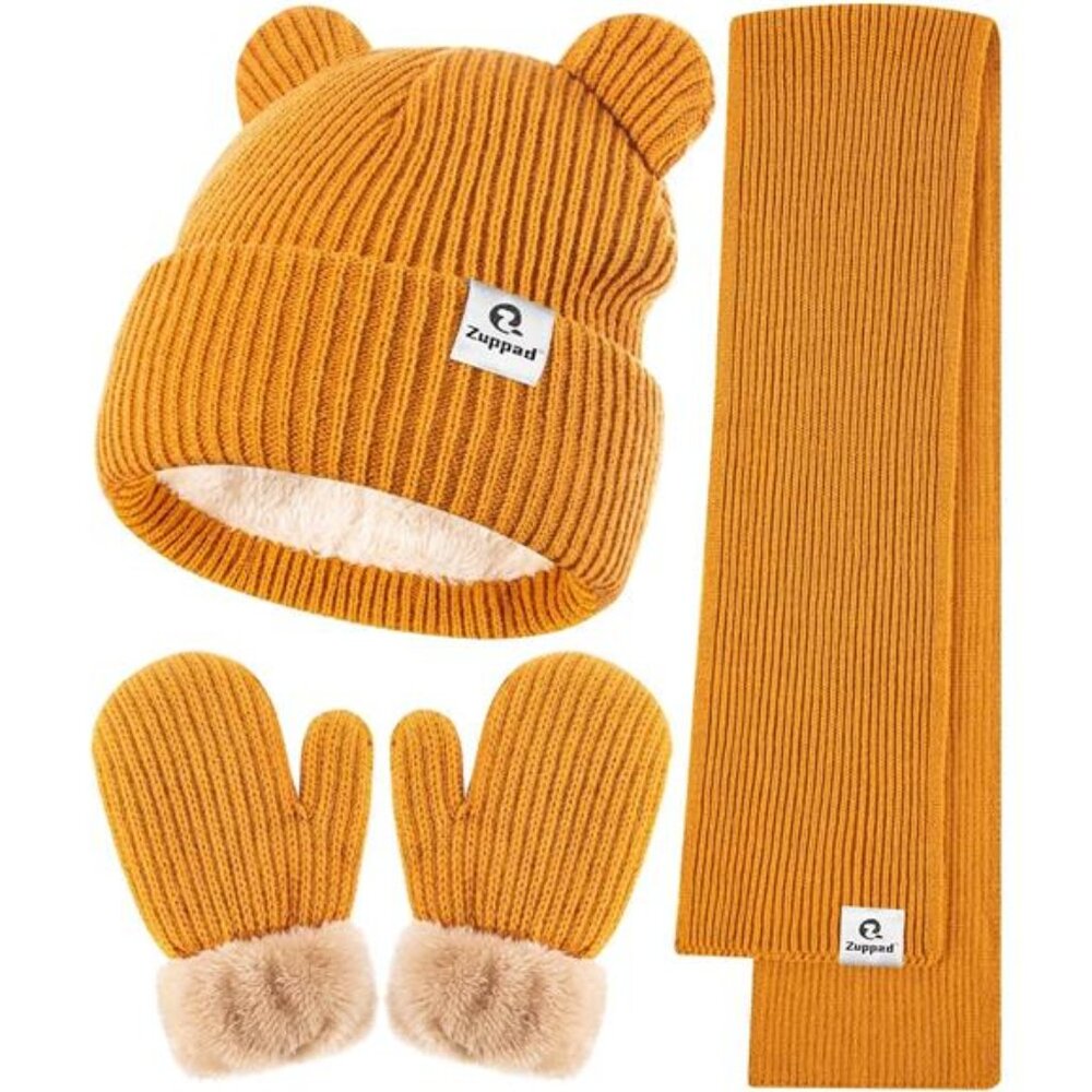Baby Beanie Mittens Scarf Set,Toddler Infant Kids Winter Hat w/ Bear Ear,3-36Mos